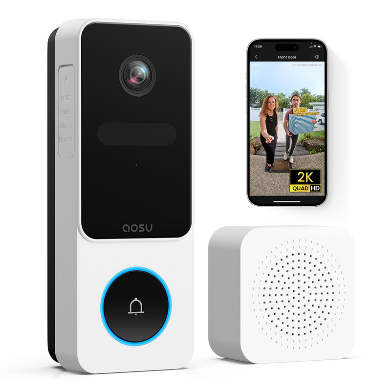 AOSU 2K HD Türklingel mit Kamera kabellos, Smart Video Türklingel mit Gong, 170° Weitwinkel, PIR Bewegungserkennung und Paketerkennung, Nachtsicht, 2-Wege-Audio, 2,4 GHz WLAN, Kompatibel mit Alexa