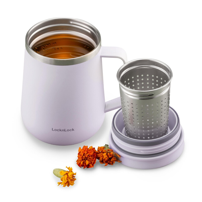LocknLock Metro Teetasse/Isolierbecher, 400 ml, Violett, Edelstahl doppelwandige Vakuumisolierung/12 h heiß/24 h kalt/Inklusive Edelstahl-Teesieb/Auslaufsicherer Deckel/Griff/Rutschfester Silikongrund/BPA-frei/Nicht mikrowellengeeignet/Nur Handwäsche/
