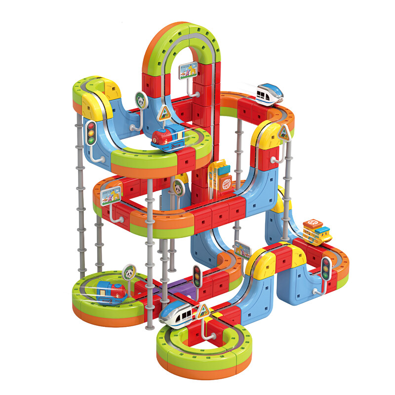 DIY Magnetische Zweefbaan Set - 215 Onderdelen met Cartoon & Vintage Treinen, 3D Meerlaagse Montageschuif, Educatief Bouwspeelgoed voor Kinderen 3+ en Cadeaus voor Feestdagen
