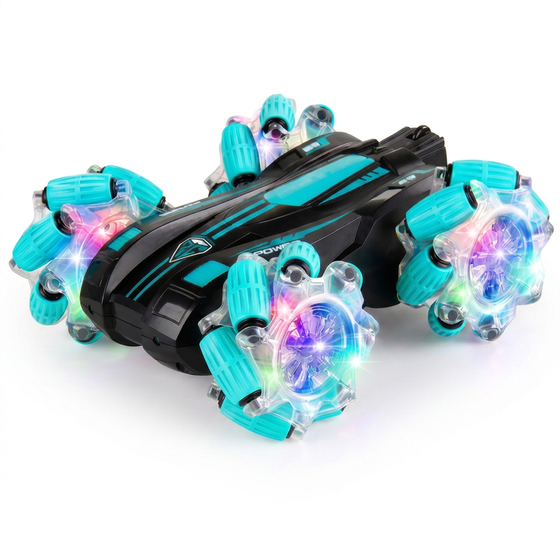 4WD RC Stuntauto 17,3 cm, Dubbelzijdig Flip Off-Road Auto, 9 cm LED Wielen, 360° Lateral Drift Schokbestendig Kinder Binnen Buiten Speelgoed Cadeau, One Piece in Groen