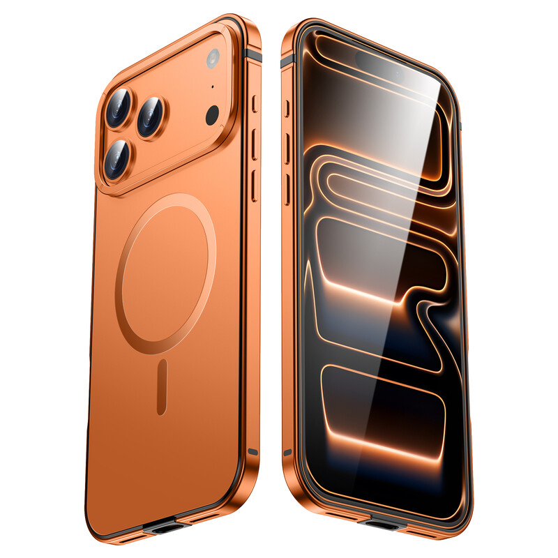 IM-CHEN iPhone 17 Pro Max Case, Met frame van legering, Originele kleur, MagSafe-magnetische versie, Oranje, 1 stuk