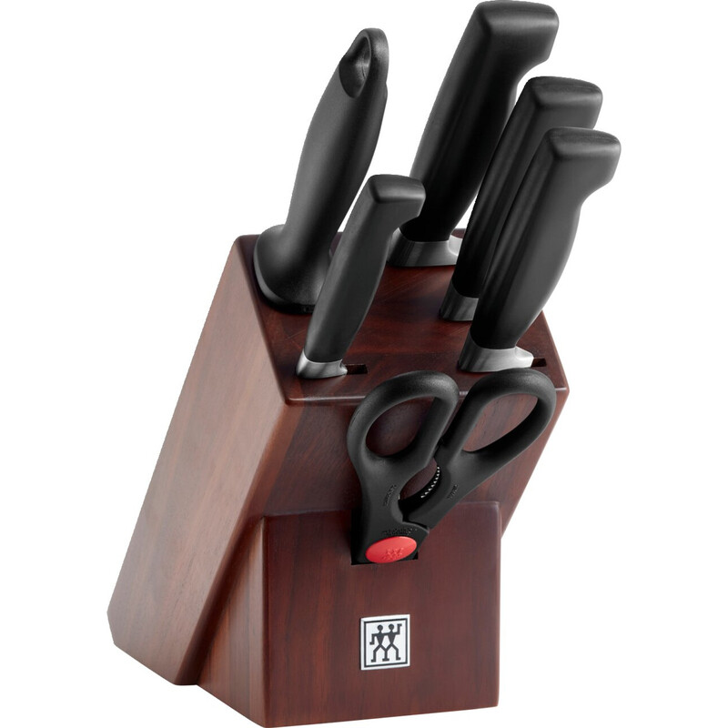 ZWILLING VierSterne 7-teiliges Messerblock-Set, Walnussfarben, Abmessungen 19 x 29 x 19 cm, Paketgewicht 3 kg, Spezielle FRIODUR Edelstahl-Eisklingen, Kunststoffgriffe, Messerblock in Walnussoptik, Enthält Gemüsemesser 8 cm, Tranchiermesser 16 cm, Kochmes