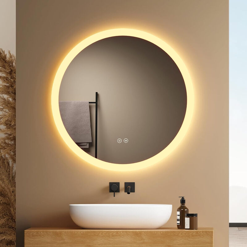 EMKE Badspiegel mit Beleuchtung Rund 70cm, 3 Lichtfarben, Badezimmerspiegel mit dimmbarer Beleuchtung, Antibeschlag, Touch-Schalter und Speicherfunktion, ideal für das Badezimmer