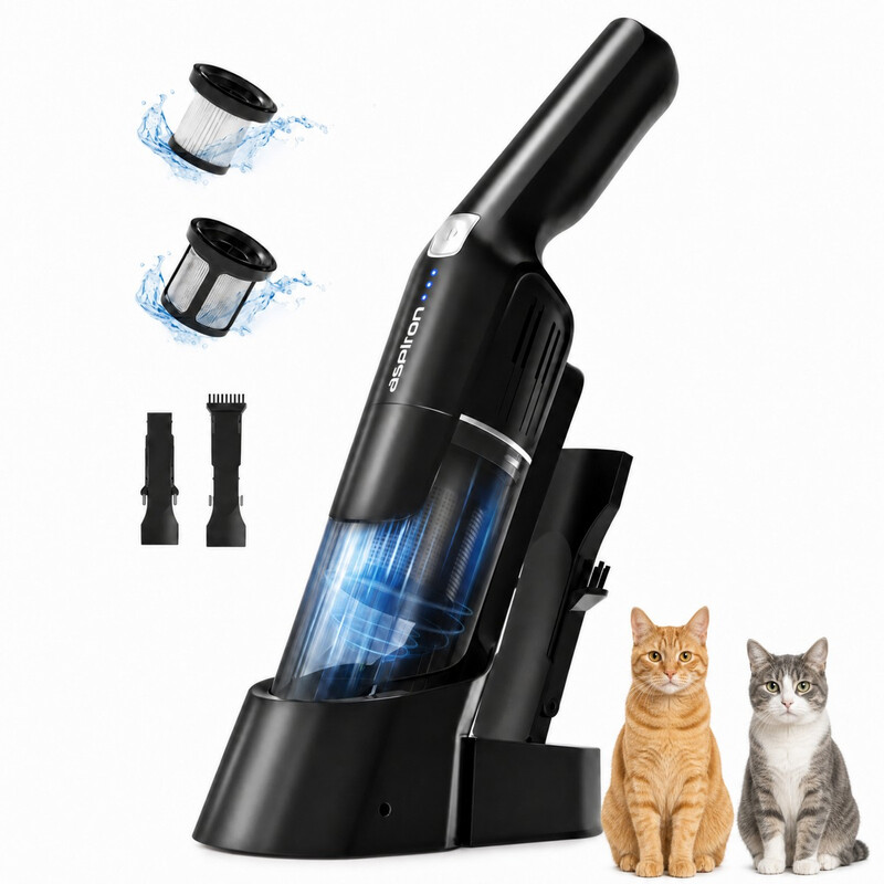 Aspiron Akku-Handstaubsauger, 24 kPa, 2 Saugstufen, 500 ml Behälter, HEPA-Filter, für Auto, Sofa & Tierhaare inklusive Ladestation