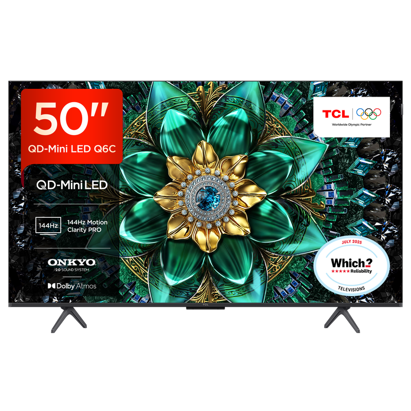 Tcl 50Q6c Qled 4K Hdr Smart Smart Google Tv-50Q6c-Uk(144Hz Native Refresh Rate, Precise Dimming Series Up To 512 Zones, Onkyo 2.1 Hi-Fi System)