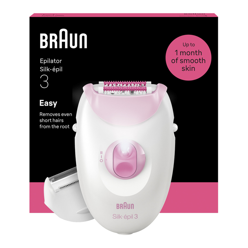 Braun Silk-Épil 3, Corded Epilator For Hair Removal With Shaver Head Attachment, Shaver & Epilator, Weeks Of Smooth Skin, 3-031, Pink