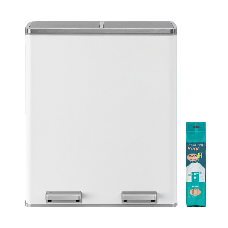 JOYFURNOS Kitchen Bin with 2 Compartments, 2 x 30 L Double Rubish Bin with Lids, Pedals, Plastic Inner Buckets, Soft Close, White and Grey