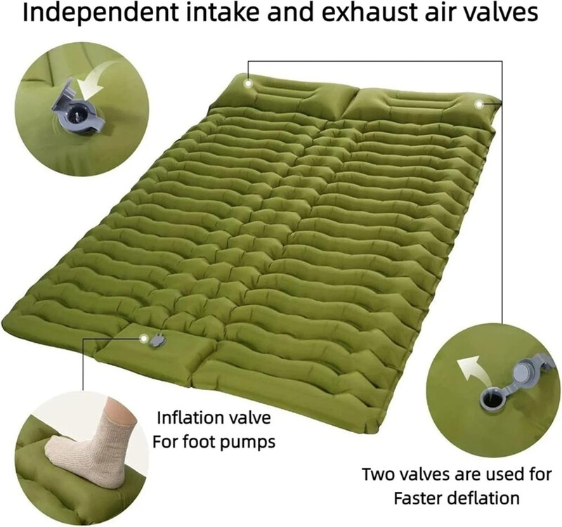 VXOYO Dubbel Camping Slaapmat 200 x 160 cm Ultralichte Opblaasbare Mat met Ingebouwd Kussen & Voetpomp, Ingepakte Afmetingen 29 x 16 x 16 cm, Gewicht 1,7 kg, Dubbel Groen