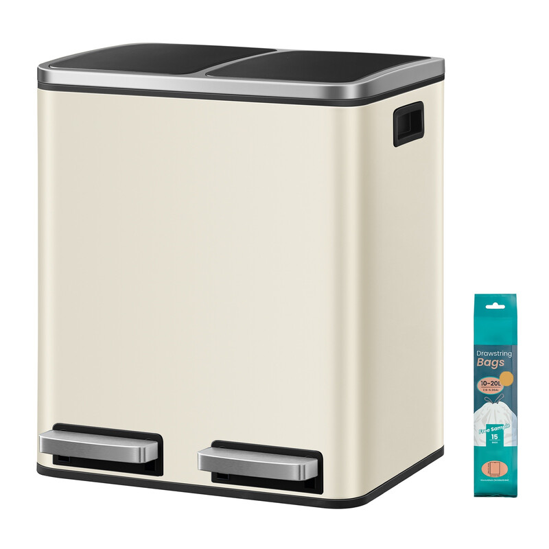 JOYFURNOS Dubbele Prullenbak met Voetpedaal, 2 x 15 L Afvalscheidingsbak met Inzetbakken, Softclose, Staal, voor Keuken, Beige en Zwart