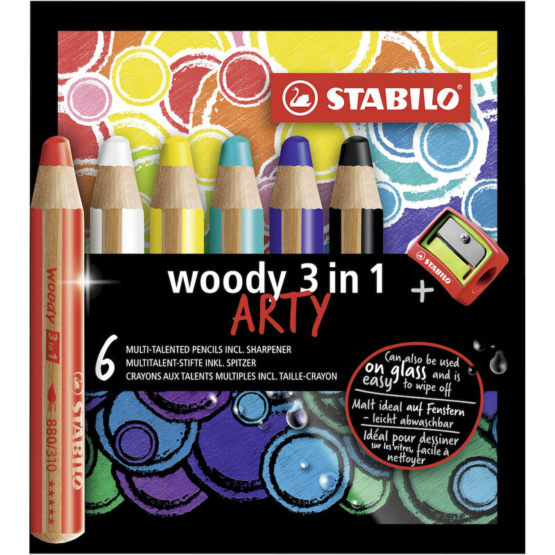 Woody 3 in 1 - Multi-Talented Pencil - ARTY - Pack of 6 - Assorted Colours with Sharp