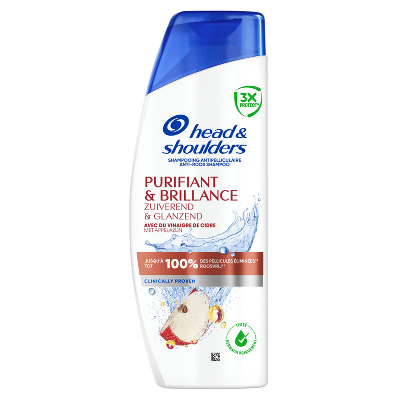 HEAD&SHOULDERS Zuiverend & Glanzend Anti-roos Shampoo 250 ml. Doeltreffend tegen 3 hoofdhuidproblemen: roos, jeuk gerelateerd aan roos en overtollig talg. Met appelazijn
