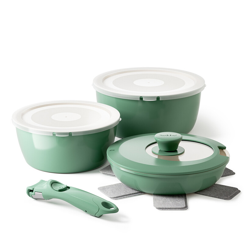 Redchef 9-delig keramisch pannenset met afneembare handgreep, groen & wit, inclusief 18 cm/20 cm sauspannen en 20 cm pannen, PTFE/PFAS/PFOA-vrij, vaatwasserbestendig