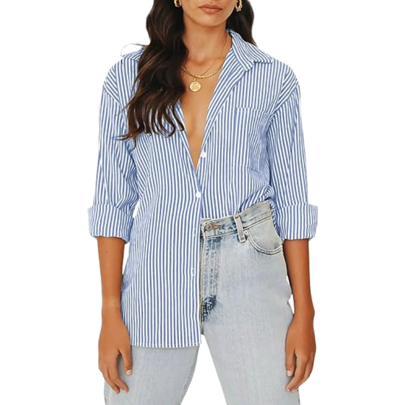Women's Blouses Striped Long Sleeve Shirts Button Down Loose fit Casual Tops (blue， S