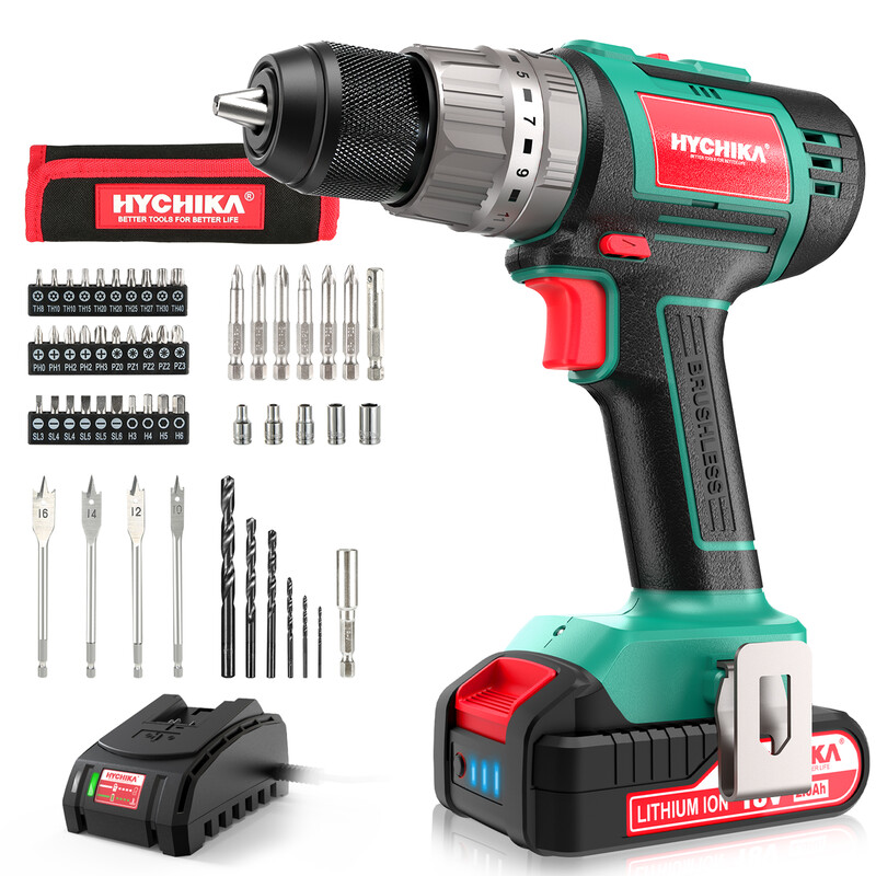 HYCHIKA Cordless Drill & Screwdriver, 18V Brushless 60Nm Hammer Drill with 2.0Ah Battery, 53-Piece Set, 21+3 Torque, 2 Speed Gears