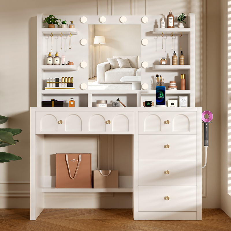 GTIMEX: Lexzurn-serie make-upbureau met spiegel en ledverlichting, 3 instelbare kleur- en helderheidsniveaus, kapselbureau met 5 lades, 8 open planken, 6 sieradenhaken, wit, 90*40*145 cm, wit