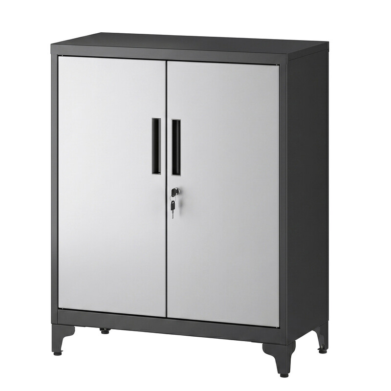 JOYFURNOS archiefkast, multifunctionele garagekast, kantoorkast met 2 deuren, afsluitbare kast, stalen opbergkast, met opbergplanken, zilver en zwart