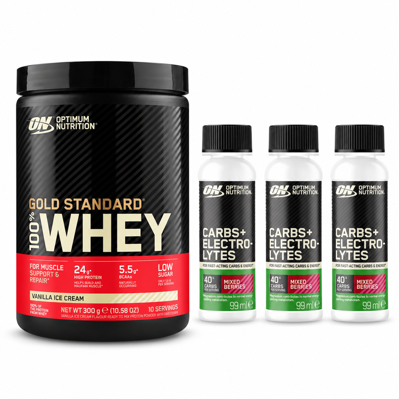Optimum Nutrition Gold Standard Whey & 3 Shots de glucides + électrolytes Pack