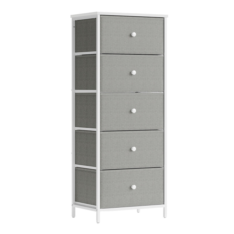 JOYFURNOS Chest of Drawers, Storage Cabinet with 5 Fabric Drawers, Grey and White