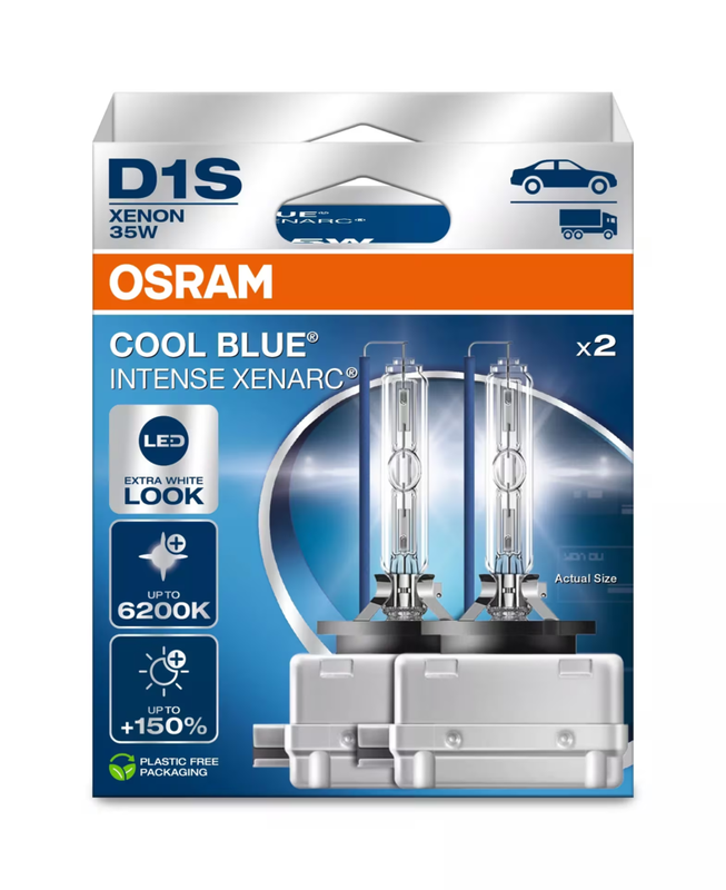 OSRAM XENARC® COOL BLUE® INTENSE D1S, +150% meer licht, tot 6.200K, xenon koplamp, LED-look, 2 lampen