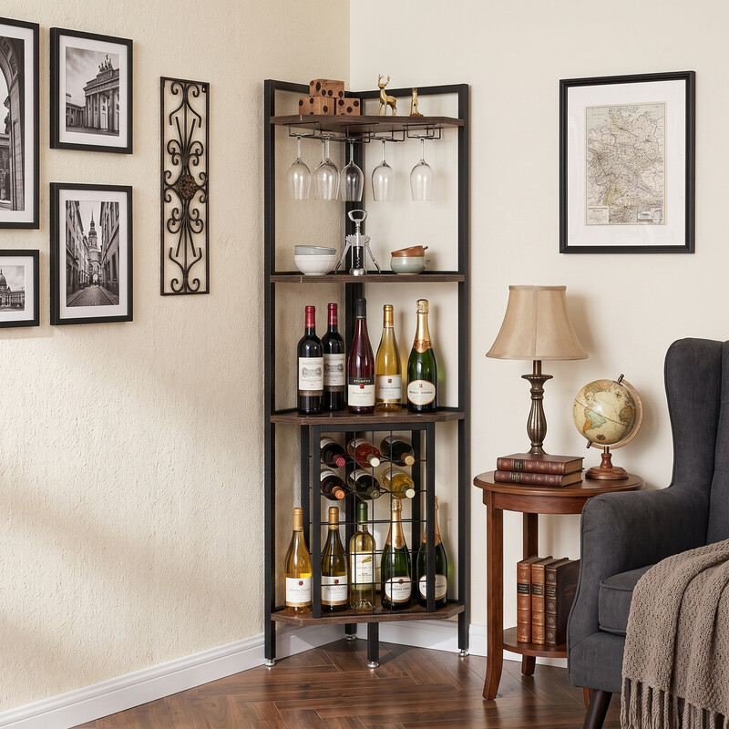 4-stufiges Eck-Weinregal mit Glashalter & Ablagefächern