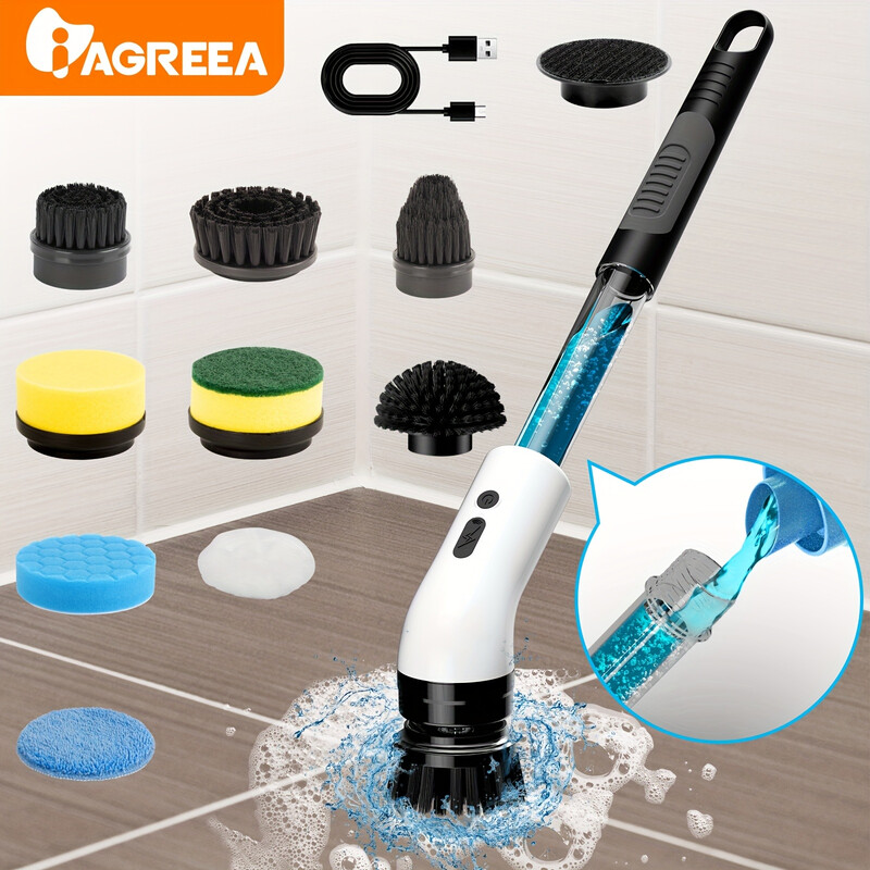 Electric Spin Scrubber, Liquid Storage Design, Perfect for Cleaning + 9 Heads Replace