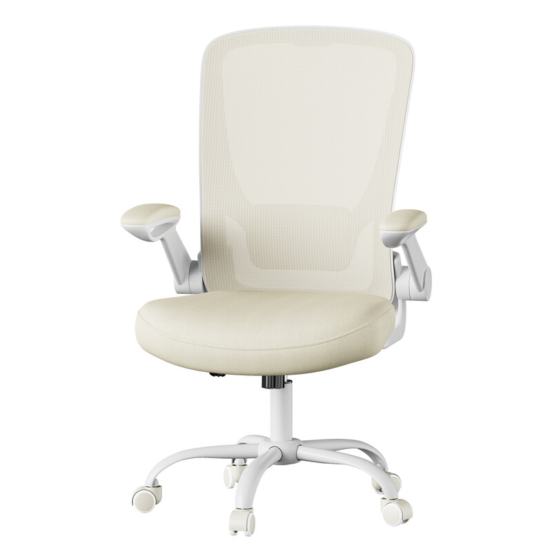 JOYFURNOS Bureaustoel met Mesh Rugleuning, Ergonomische Draaistoel met Inklapbare Armleuningen, Beige
