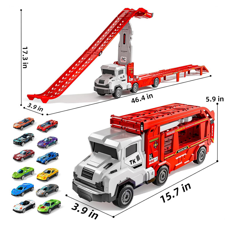 Transport Truck Toy with 12 Die-Cast Cars, Foldable Race Track Carrier for Kids