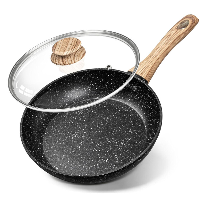 8 Inch Nonstick Frying Pan with Lid, Black Marble Coated Egg Pan, Induction Compatibl