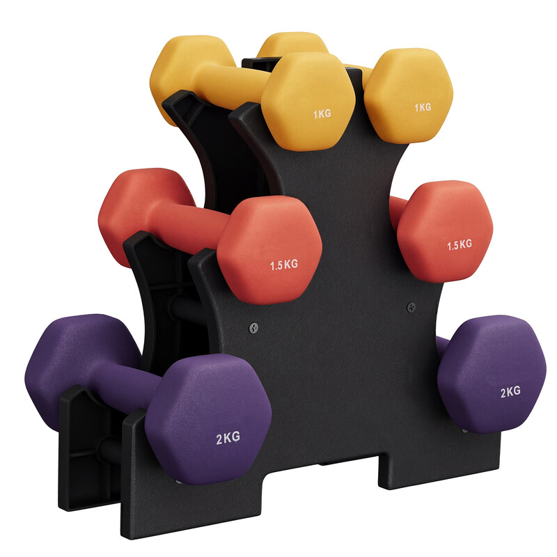 JOYFURNOSneopreen dumbbellset met standaard, 2 x 1 kg, 2 x 1,5 kg, 2 x 2 kg, voor training, geel, oranje en paars