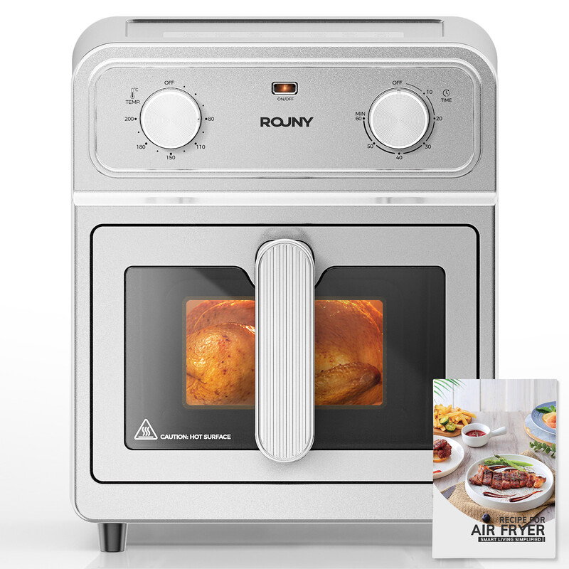 ROUNY 6,5 liter Airfryer-oven, volledig roestvrijstalen airfryer met kijkvenster, klassieke draaiknopbediening, bakken zonder omscheppen, 360° hete lucht voor gezinskoken, Blaze S