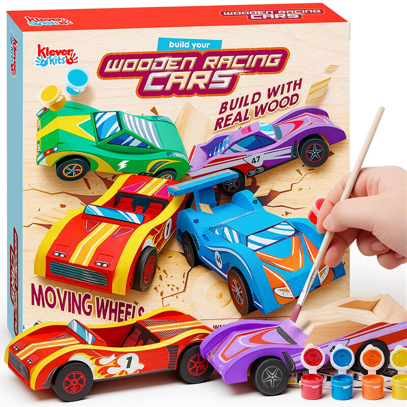 Klever Kits Wooden Race Car Painting Craft Kit for Kids - DIY Build and Paint Your Own Toy Cars, Creative Gift for Boys Ages 8-12