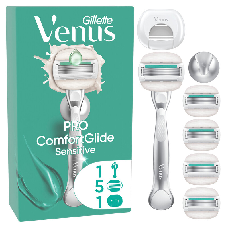 Gillette Venus Damenrasierer Pro ComfortGlide Sensitive mit Aloe Vera, inkl. 5 Ersatzklingen und Schutzkappe für sensible Haut
