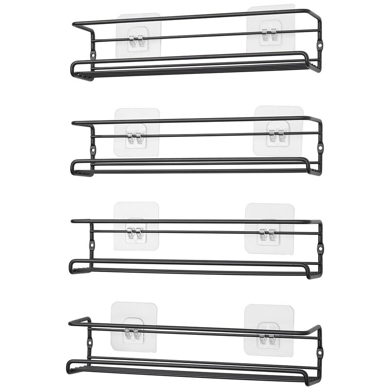 LIVINGANDHOME Wall Mount Metal Wire Spice Rack Set of 4 in Black for Kitchen & Bathroom Organization