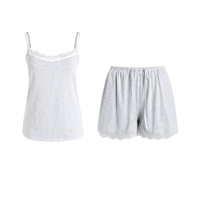 white wide lace v-neck light grey knitted camisole and knitted shorts set M