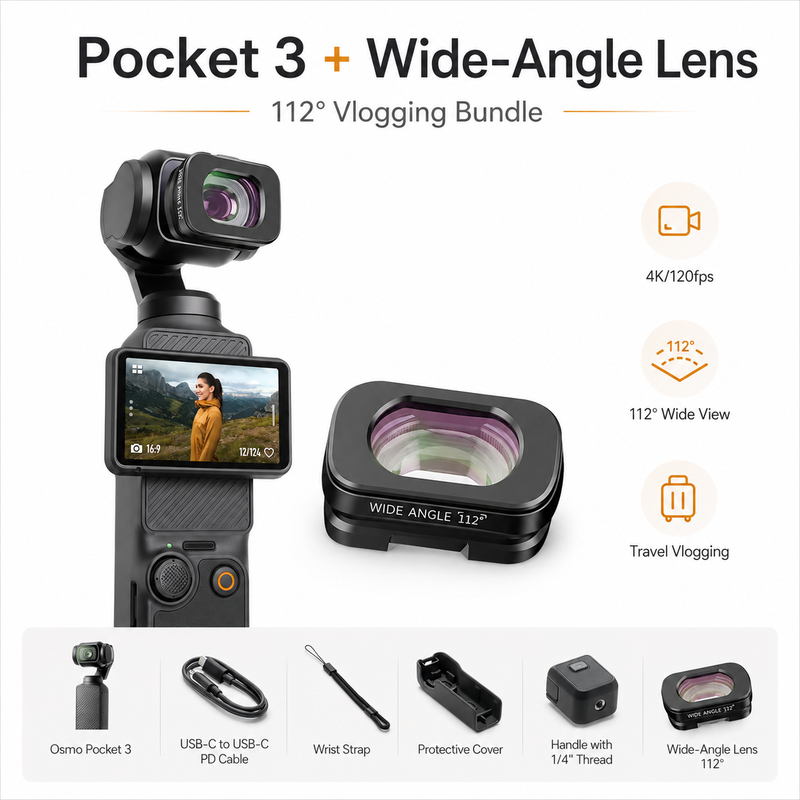 DJI Osmo Pocket 3 Standard Combo + ULANZI F35 112° Weitwinkelobjektiv - 1-Zoll CMOS 4K/120 fps 3-Achsen Gimbal Kamera, Magnetisches Weitwinkelobjektiv, Pocket Vlog Kamera Bundle für Reisen, Landschaft & Content-Erstellung