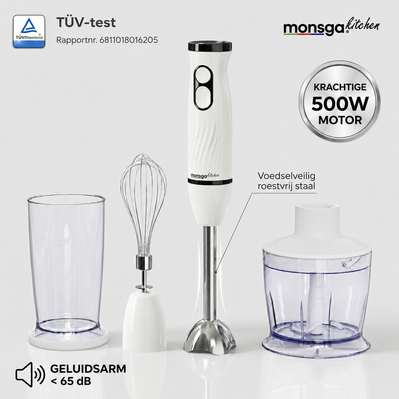 MONSGA 2-in-1 staafmixer & garde S100, ergonomische staafmixer met normale/Turbo-modi, anti-spatbescherming & panbescherming, 500 ml hakmolen, 500 ml maatbeker, 1,5 m kabel, vaatwasserbestendig, crèmewit