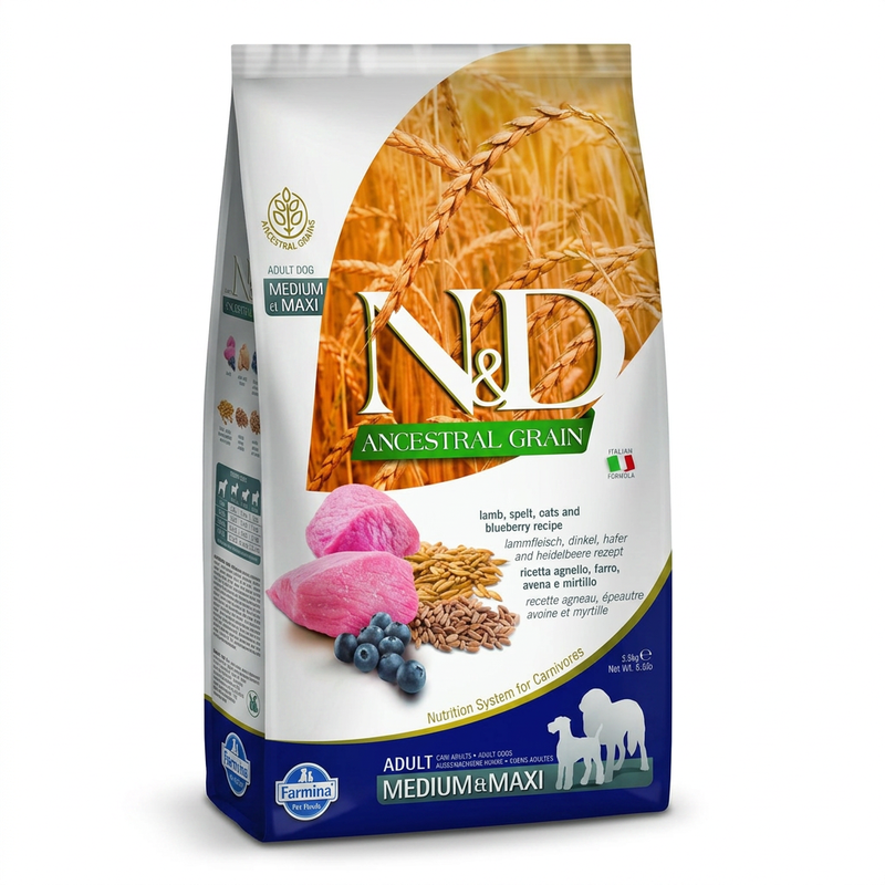 Farmina Hundefutter mit alten Getreidesorten für ausgewachsene Hunde mittlerer/großer Rassen, Geschmacksrichtung Lamm, Dinkelweizen, Haferflocken und Heidelbeere, 2,5 kg