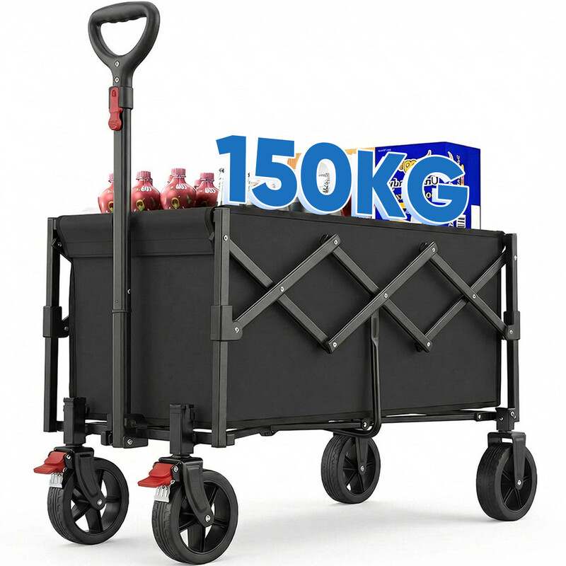 Bollerwagen Faltbar Klein 80L 100KG, Faltbarer Bollerwagen Klappbarer Handwagen mit Halbiertem Eigengewicht, Faltbollerwagen Geländegängig mit Bremsen, Schwarz