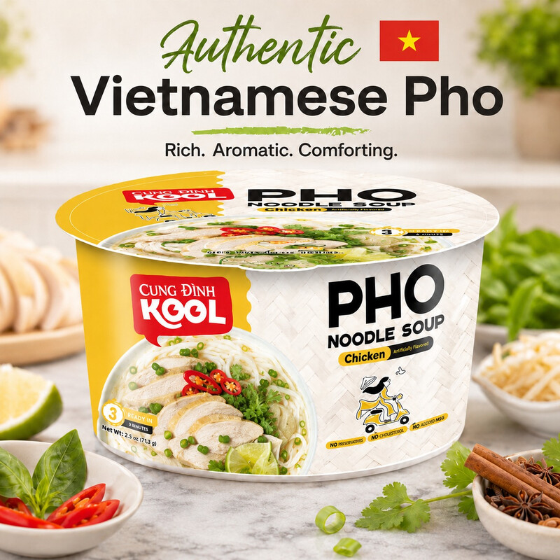 Kool Pho Bowl 68g | Chicken Hanoi Style | Authentic Vietnamese Rice Noodle Soup | Liquid Sauce | Non-Fried | Chilli Sachet & Herb Garnish | Portable Office Bowl