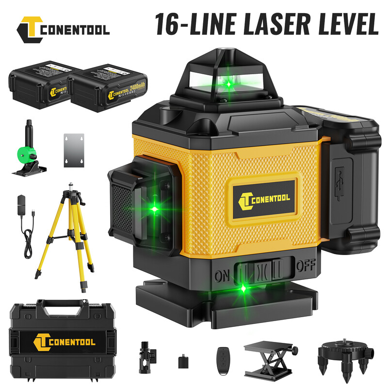 CONENTOOL Laserniveau - 16 lijnen - 2 batterijen * 2400 mAh - Multifunctionele accessoires - Met 1 m statief - LL01