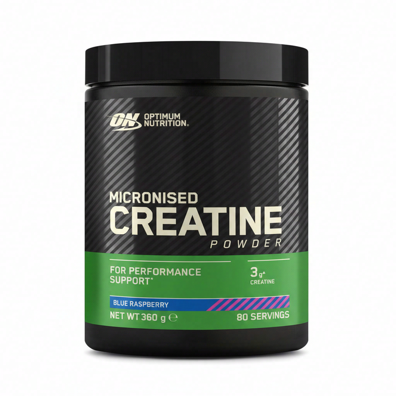 Optimum Nutrition gemalen creatinepoeder blauwe framboos 360 g (80 porties)