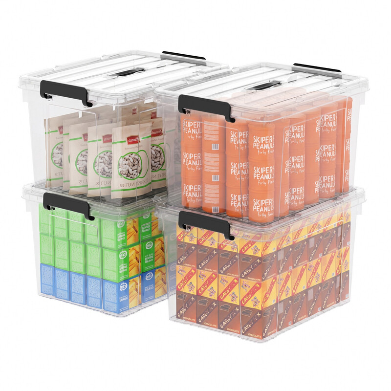 SPACEXPERT: Aufbewahrungsboxen, transparente Kunststoff-Organizer-Container mit Deckeln, Griff und Clips. Größe 51x39x33 cm, Farbe: klar.