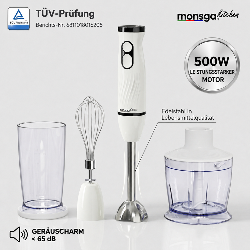 MONSGA 2-in-1 Stabmixer & Schneebesen S100, ergonomischer Stabmixer mit Normal-/Turbo-Modus, Spritzschutz & Topfschutz, 500 ml Zerkleinerer, 500 ml Becher, 1,5 m Kabel, spülmaschinenfest, cremeweiß