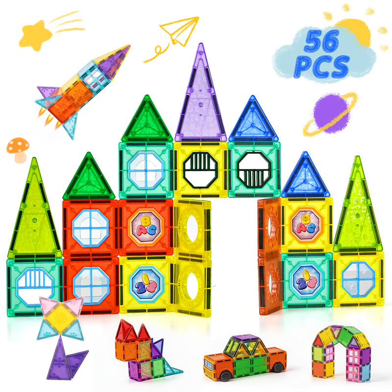 56PCS Magnetic Tiles Creative Translucent Building Set, Strong Magnetic Structure, ST