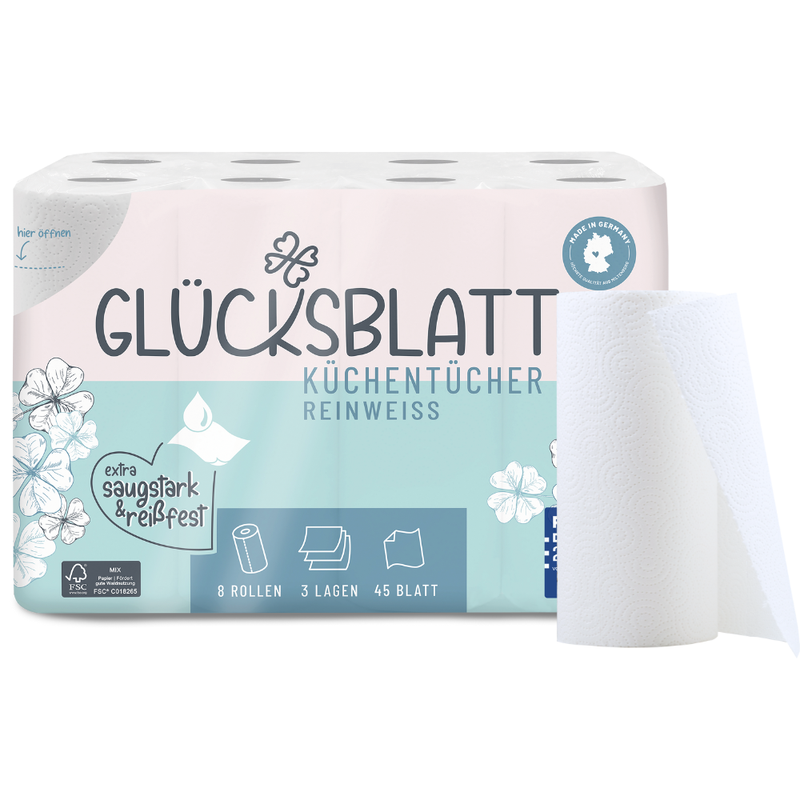 Glücksblatt Küchenrollen - 8 Rollen, 3-lagig, 45 Blatt