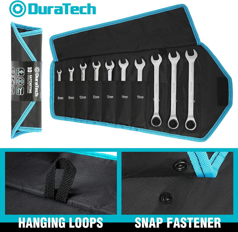 DURATECH 10-teiliges Ratschen-Kombizangen-Set, 6-18 mm, Cr-V-Stahl fester Kopf, 72-Zahn-Ratsche, Chrom-Vanadium-Stahl, 12-Punkt-Boxend, 5° Schwenkbereich, Metrische Größen, Aufrollbeutel