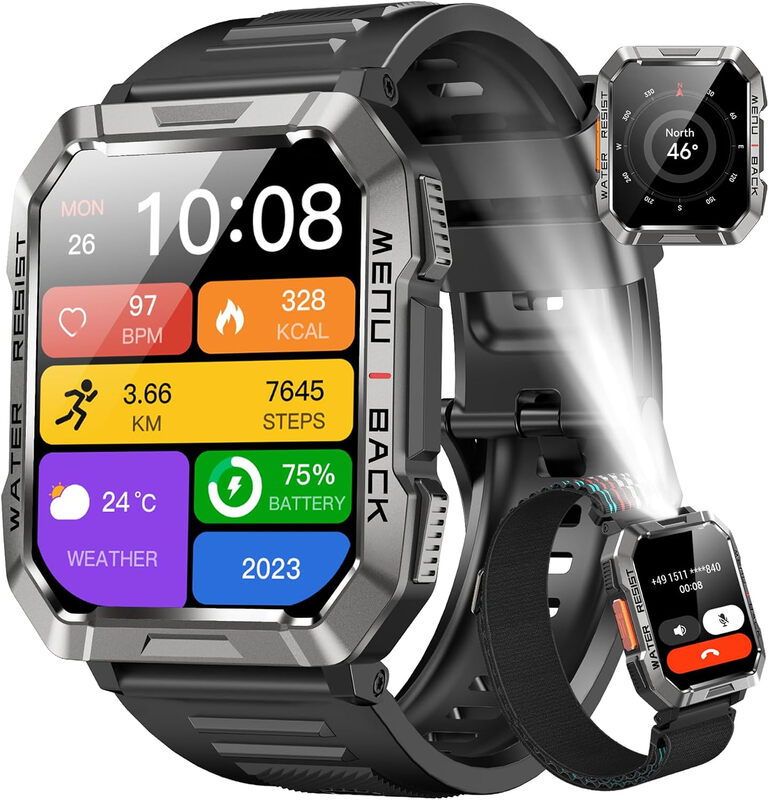 Blackview W60 Smartwatch Herren Fitnessuhr mit Telefonfunktion, Anrufe tätigen / entgegennehmen, Kompass, IP68 wasserdicht, Sportuhr mit 100+ Sportmodi, Herzfrequenz- und Schlafmonitor, Schrittzähler, Uhr für Android iOS