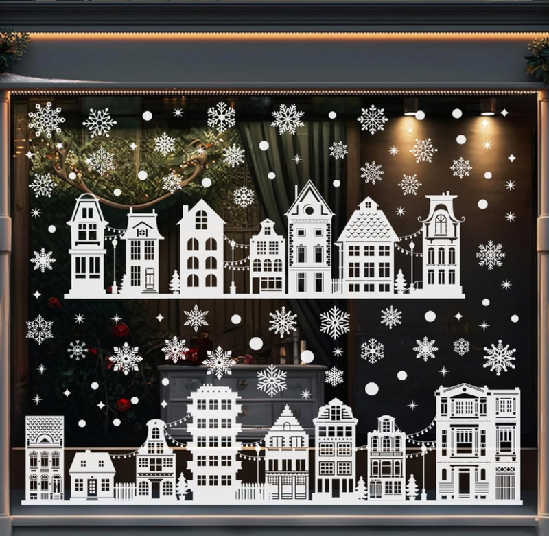 JU7CER 9 double-sided Christmas window decoration, reusable PVC electrostatic snowflake window decoration sticker, white snowflake house pattern
