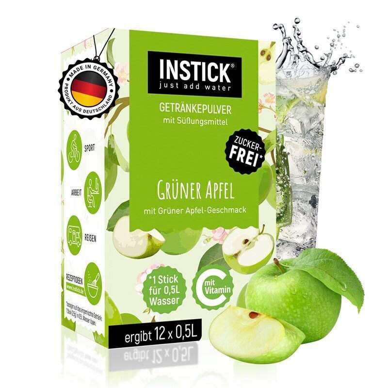INSTICK Zuckerfreies Instant-Getränk (Grüner Apfel) - 1 Packung für 12 x 0,5-1 L - Veganes Getränkepulver Kalorienarm & Vitamin C - Instant-Pulver