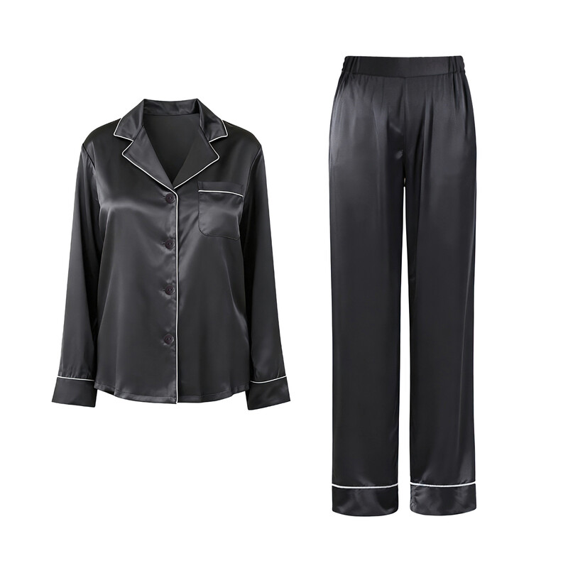 lapel silk-like dark grey long sleeved top and pants set XL